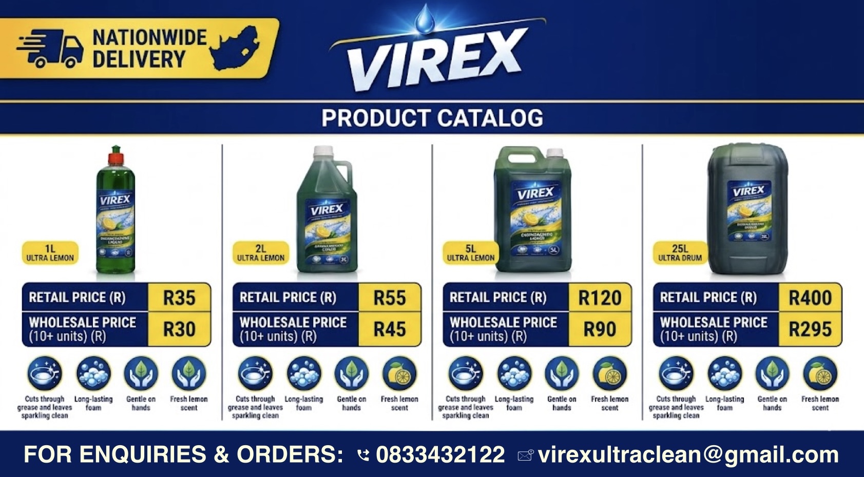 VIREX product catalogue — 1L, 2L, 5L and 25L sizes with pricing